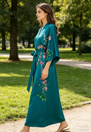 Image of Women's Classic 100% Silk Kimono Robe, Bathrobe-Printed Pattern