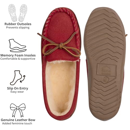 Image of Alpine Swiss Sabine Womens Moccasin Slippers Genuine Suede House Shoe Memory Foam Insole Plush Faux Shearling Fur Indoor Outdoor Anti-Slip Rubber Sole
