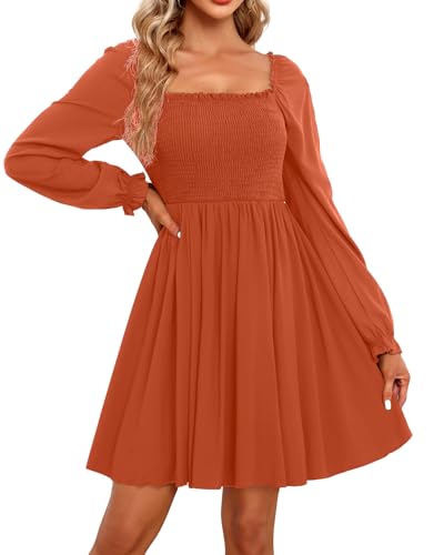 Image of Holipick Women's Casual Square Neck Smocked Dress Shirred Ruffle Puff Sleeve High Waist Cute Flowy A-Line Short Dress