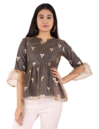 Image of UNFAKENOW Women Trendy Indo Western Casual wear Stylish Going Out Peplum Cotton top Ladies Floral Print Ruffled Plus Size Party net Tunic Long Bell Sleeve Pleated Fancy Nice top