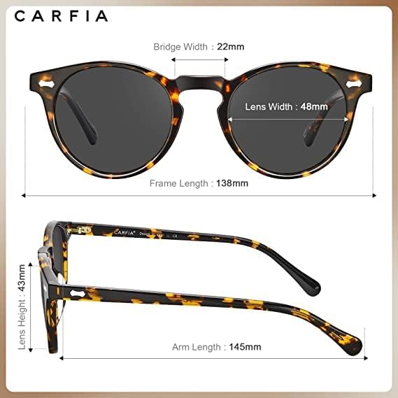 Miniatura 5 de CARFIA Gafas de sol polarizadas redondas vintage para mujer, marco de acetato, lentes de protección UV400, gafas hechas a mano CA5288