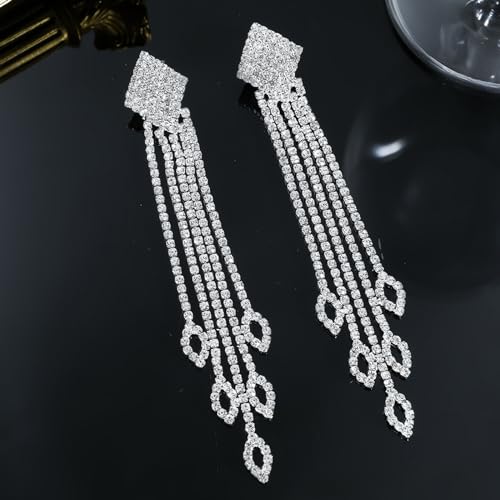 Rhinestone Drop Earrings for Women Sparkly Long Tassel Earrings Dangling Crystal Statement Prom Earrings Wedding Party Dress Outfit Jewerly Gifts3