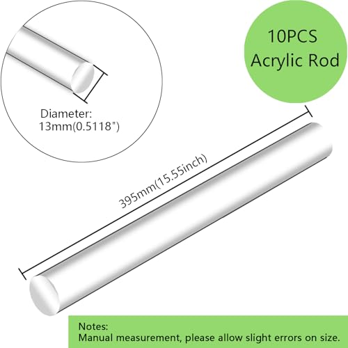 Image of 10Pcs 13mmx395mm Acrylic Rods,15.55 Inch(395mm) Length 1 /2inch(0.5inch-12.7mm) Diameter Acrylic Round Rods,Clear Sticks for DIY Crafts.