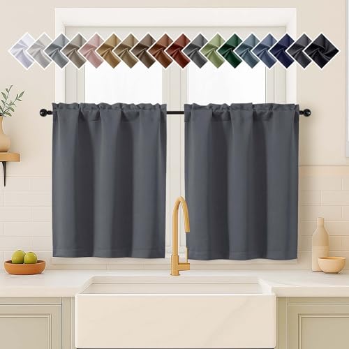 Image of Charcoal Grey Blackout Curtains for Small Window Treatment, Light Blocking Short Kitchen Window Curtains Over Sink, Dual Rod Pocket Half Window Tiers for Bathroom Basement, Each 40 inchWx36 inchL, 2 PCS