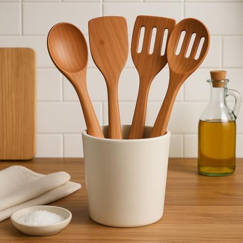 Image of Cooker&Mixer Bamboo Spatula Set of 4 - Handmade Natural Kitchen Utensils | Non-Stick Safe, Heat-Resistant, Eco-Friendly | Flippers, Turners, Scrapers & Servers