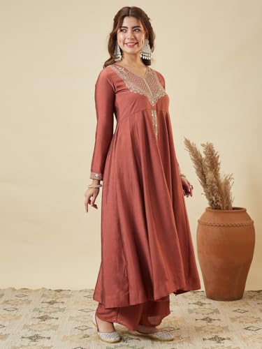 Image of MOKOSH Women's Silk Anarkali Kurta Pant with Dupatta | Anarkali Kurta Set | Embroidery | Indian Kurta Outfit With Pant | Ethnic Kurta | 3 Piece Outfit