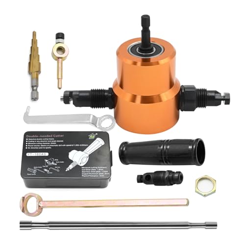 Zreneyfex 360 Degree Double Head Sheet Metal Nibbler Cutter Drill Attachment Metal Cutter with Extra Punch and Die Cutting Hole Accessory and Step Drill Bit for Straight Curve and Circle Cutting