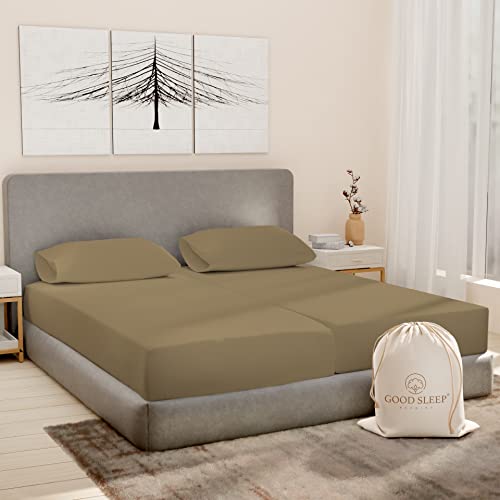 Image of Good Sleep Bedding Split King Sheets for Adjustable Bed, 5 Piece, 100% Egyptian Cotton Sheet & Pillowcase Sets, Sateen Weave, Ultra-Soft, 16 inch Deep Pocket Adjustable Bed Sheets - Taupe