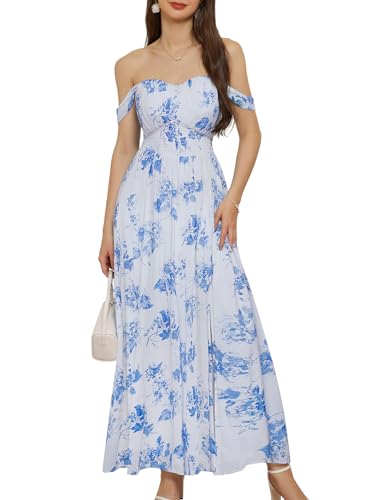 2025 Women's Summer Off Shoulder Floral Flowy A Line Maxi Dress White-Blue Floral M