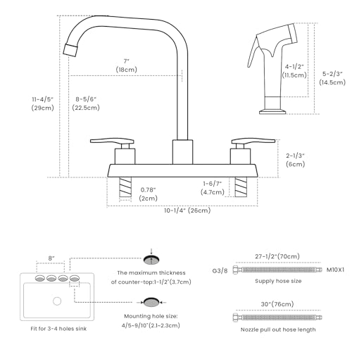 Image of 4 Hole Kitchen Faucet with Sprayer, Two-Handle Stainless Steel High Arch 8 Inch Centerset Sink Faucets with Side Sprayer for Commercial RV Laundry Utility Kitchen Faucet (Brushed Nickel)