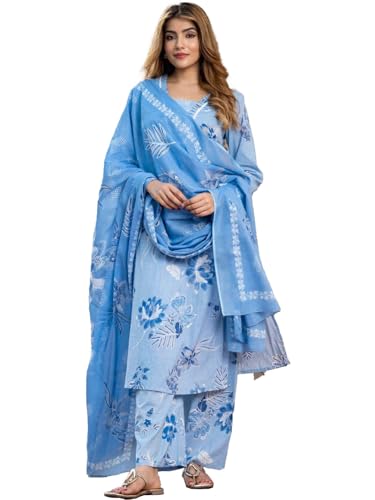 Image of PARTHVI Women's Pure Cotton Printed Straight Kurta With Embroidered Palazzo Pants & Dupatta Set- Ethnic Wear, Blue