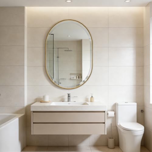 POZINO Modern Oval Beveled Mirror, 24"x36" Brushed Gold Bathroom Vanity Mirror Over Sink, Pill Shaped Capsule Wall Mounted Mirrors for Living Room Bedroom Entryway, Hangs Vertically or Horizontally