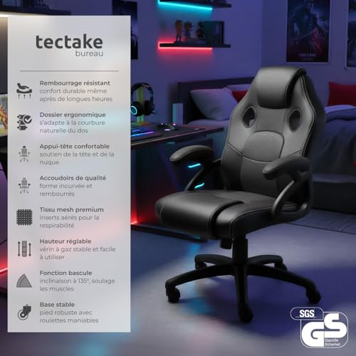 Chaise Gaming Ergonomique 130° Noir 403457-3 TecTake