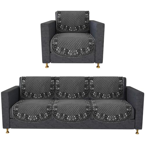 Image of Kuber Industries Sofa Cover | Velvet 3+1 Seater Sofa Slip Cover Set | Digital Painting Sofa Cover | Suede Ultra Sonic Couch Cover | Sofa Slipcover Set Living Room | Gray