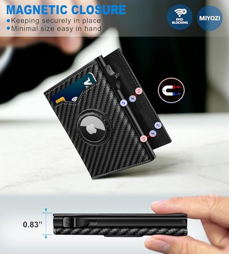 Image of miyozi Airtag Wallet for Men,with Cash Pocket 2 ID Window 9-12 Cards,Metal Case Smart Slim Pop Up Credit Card Holder Flip with Magnetic Closure RFID Blocking Trifold wallet with Gift Box
