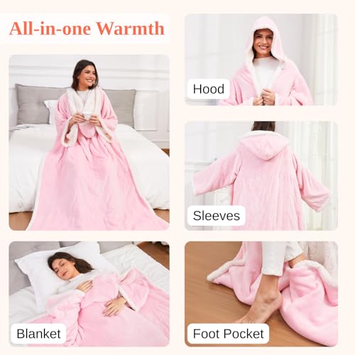Klaggie Wearable Heated Blanket with Foot Pocket Sleeves, Heated Robe Heated Snuggie, 6 Heating Levels 4 Hours Auto-Off, Overheat Protection Machine Washable, 50”x70”, Pink by Klaggie - Image 3