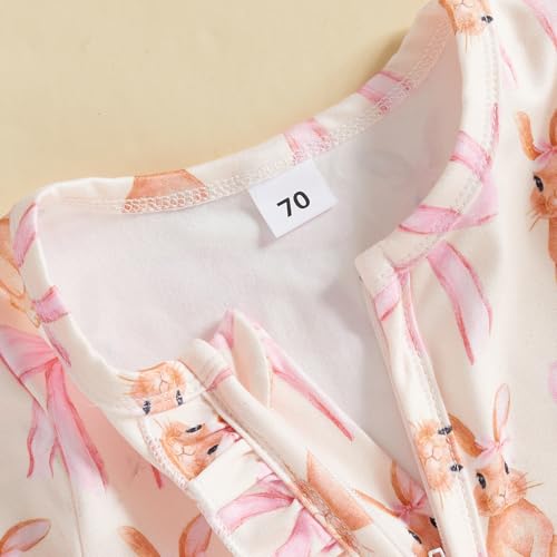 Lamuusaa Newborn Baby Girl Easter Outfit Bunny Bow Print Footie Romper Ruffle Bodysuit Zipper Jumpsuit Headband 0-18M3