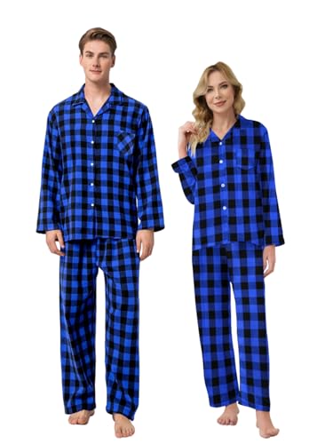 Schbbbta Pajamas for Mens, Flannel Black Blue Family Plaid Pajamas Cotton 2-Piece Button Down Sleepwear Pjs Sets, Black Blue, US S2