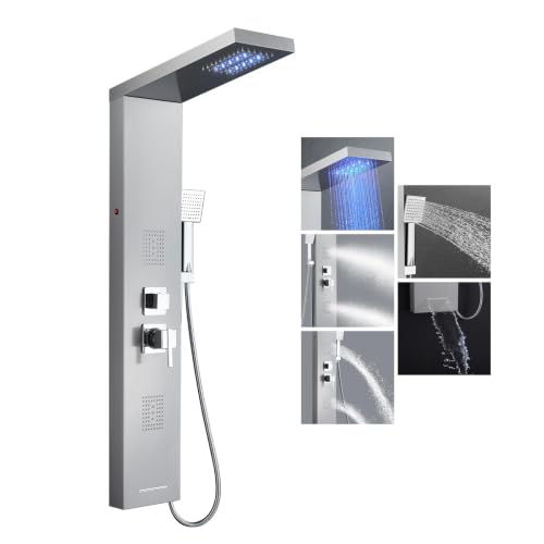 KEOKBON Duschpaneel LED 5-in-1 gebürsteter Edelstahl mit Armatur