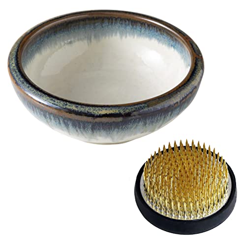 Wazakura Ikebana Kit, Mino Ware Vase and Brass Kenzan, White and Blue