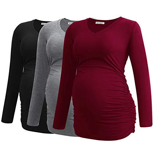 Smallshow Women's V-Neck Maternity Shirt Clothes Long Sleeve Ruched Pregnancy Top X-Large Black-Light Grey-Wine