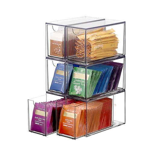 ELLDOO 6 Drawers Tea Bag Organizer, Clear Acrylic Stackable Tea Bag Storage Holder for Kitchen Pantry, Coffee Pod Snack Storage for Countertop Cabinet