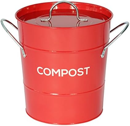 Red Metal Kitchen Compost Caddy - Composting Bin for Food Waste Recycling with guide to composting