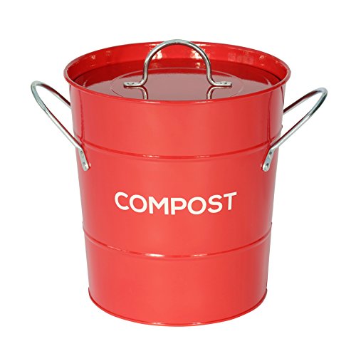Red Metal Kitchen Compost Caddy - Composting Bin for Food Waste Recycling with guide to composting