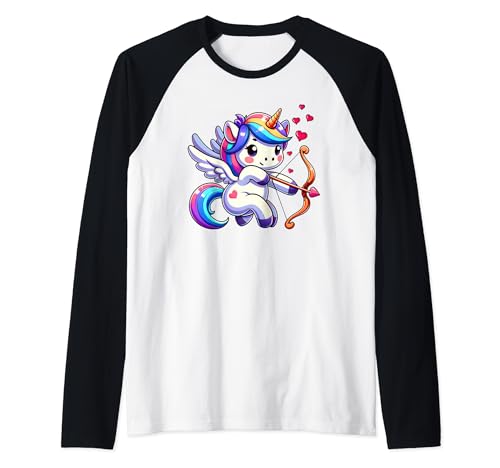 Lindo unicornio Cupido divertido amante del corazón San Valentín hombres mujeres Camiseta Manga Raglan