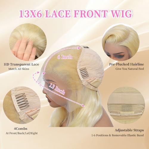 Stybee 28 Inch 613 Hd Lace Frontal Wig 200% Density Body Wave Blonde 613 Wig Human Hair 13x6 Pre Plucked 613 Hd Lace Frontal Wig 13x6 Natural Hairline Free Tangle Blend No Shedding Lifespan 3X — view 3
