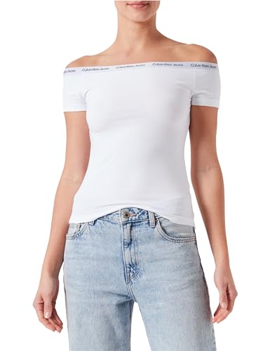 Calvin Klein Jeans Damen T-Shirt Kurzarm Elastic Bardot Top U-Boot-Ausschnitt, Weiß (Bright White), L
