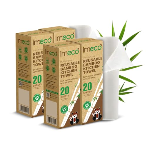 Image of IMECO Reusable Bamboo Kitchen Towel Roll | 8000 Times Washable | Soft & Highly Absorbent | Better Alternative to Dishcloth | 100GSM Paper Towel | Eco Bamboo Wipes for Kitchen Cleaning | 80 Sheets