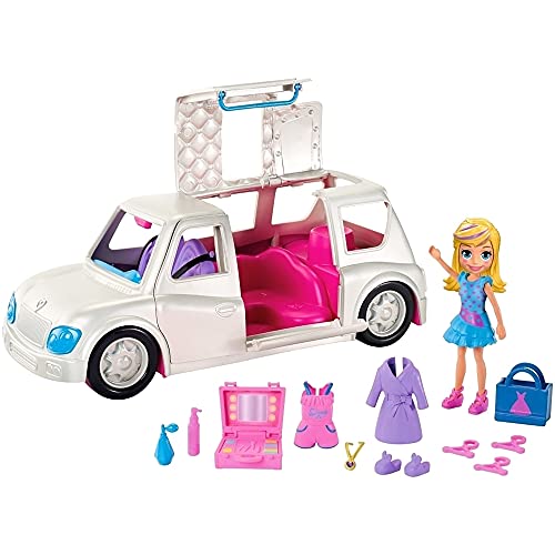 Polly Pocket Arrive in Style Limo Vehicle with 3-inch Polly Doll, 3 Hangers, Makeup Case, Shopping Bag, Romper, Robe, Slippers, Shoes, Dress & More, Ages 4 and Older [Amazon Exclusive]