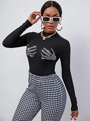 Milumia Women's Rhinestone Skeleton Rib Knit Tee Mock Neck Long Sleeve T Shirts Tops Black Medium #TOP2