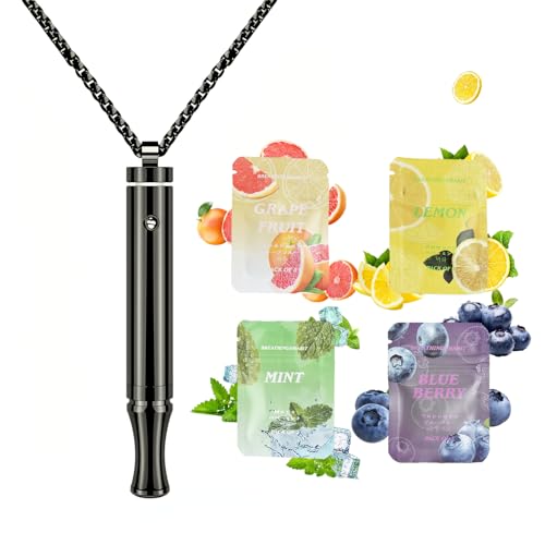 Anxiety Breathing Necklace with Resistance Portable Breathlace for Anxiety Relief & Meditation Includes 4 pcs Flavoured Replacement Filters for Calm Focus & Mindful Relaxation(Black)
