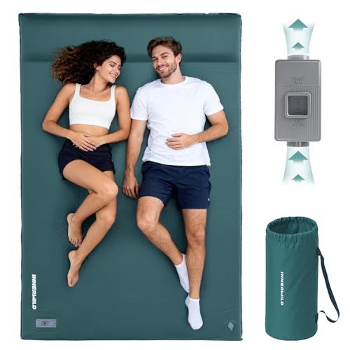 INNERWILD Double Camping Sleeping Pad with Electric Pump, 3.15' Thick 2 Person Self Inflating Memory Foam Mattress Pad with Pillow, Portable Sleeping Mat for Travel, Car, Tent- Dark Green, Full Size