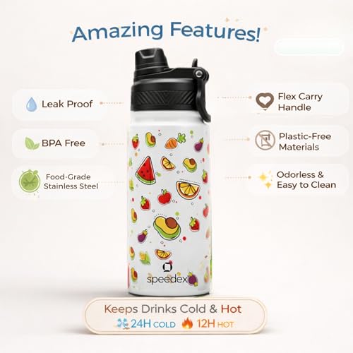 Image of Speedex Tutty Fruty 500 Kids Vacuum Insulated Stainless Steel Water Bottle 450 ML | Double Wall Hot & Cold Sipper (Straw + Direct Sip) | Leakproof BPA Free School Water Bottle for Boys & Girls