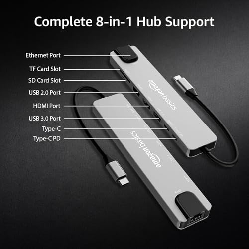 Image of Amazon Basics USB Type-C Hub Dock, 8-in-1 HDCP Aluminium Adapter with 4K HDMI & Ethernet Port,100mbps, Power Delivery, TF /SD Card Reader, Mac & Windows USB-C & 3.0 Devices