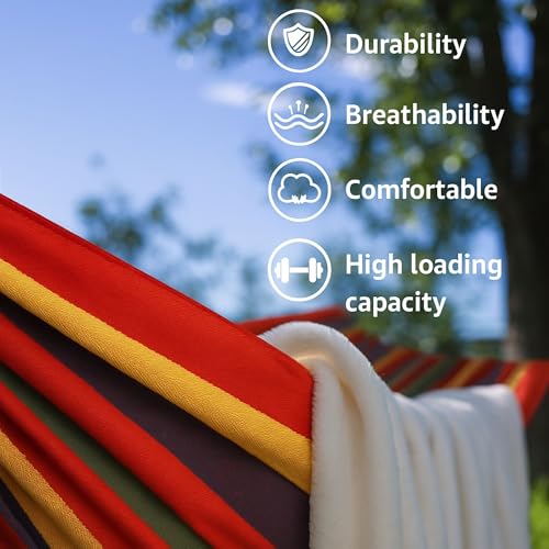 Image of Baskety Double Person Cotton Canvas Hammock with Spreader Bars, Ultralight Travel & Camping Swing Bed for Balcony, Garden, Outdoor & Beach - Max Load 200KG, Red (280 x 100 cm)