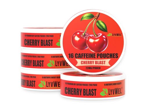Image of LyvWel 72mg Caffeine Energy Pouches - Cherry Blast - Bold, Tart Energy with Guarana - 5-Pack (80 Total Pouches)