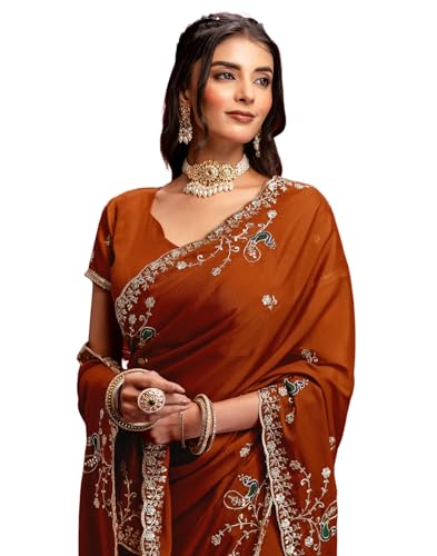 Image of SIRIL Women's Georgette Embroidery Saree With Unstitched Blouse