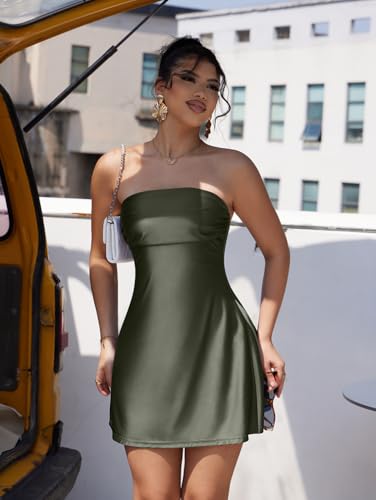 Image of XXTAXN Women's Sexy Tube Strapless Ruched A Line Wedding Guest Cocktail Satin Mini Dress