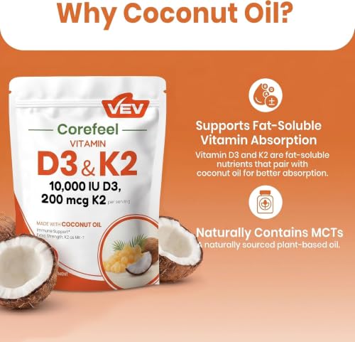 Image of VEV Corefeel Vitamin D3 K2 10,000 IU, 200 mcg MK-7, 300 Coconut Oil Softgels