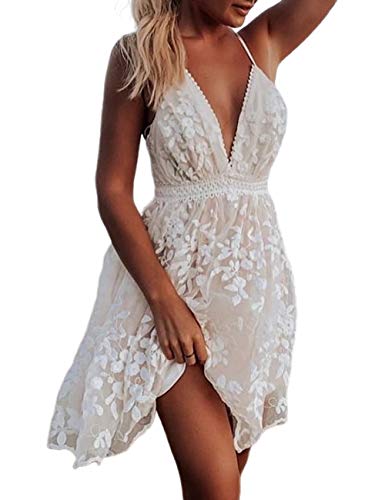 Image of Women's V-Neck Spaghetti Strap Floral Backless Sleeveless Lace Mini Flowy Swing Skater Dress