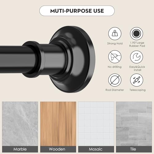 Image of Tension Shower Curtain Rods 1.1 inch Diameter Black Long Curtain Rod 30 to 100 inch Adjustable Spring Heavy Duty Rods for Bathroom Windows Outdoor No Drill No Slip Stainless Steel