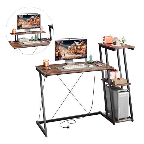 Dripex Gaming Tisch, Schreibtisch mit Regal, Computertisch mit USB-Ladeanschluss&Steckdose,...