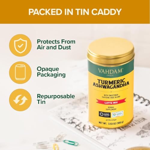 VAHDAM, Kurkuma-Ashwangandha-Latte-Mischung (100 g, 40 Tassen) ohne Zuckerzusatz | Koffeinfreies goldenes Milchpulver mit Curcumin, Kurkumapulver und Ashwagandha-Heiß-/Eistee