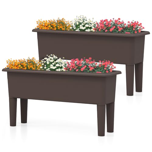 Giantex Raised Garden Beds Outdoor Set of 2, Self-Watering Planter Box with Detachable Legs & Drainage Hole, Outdoor Raised Container for Vegetable Fruit Herbs, 31.5”Lx12”Wx16”H, Easy Assembly (Brown)