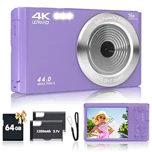 Digital Camera for Teens, FHD 4K 44MP Digital Camera Purple with 64GB SD Card 16X Digital Zoom, Cameras for Photography Compact Point and Shoot Camera for Teen Boys Girls Kids Camera Digital
