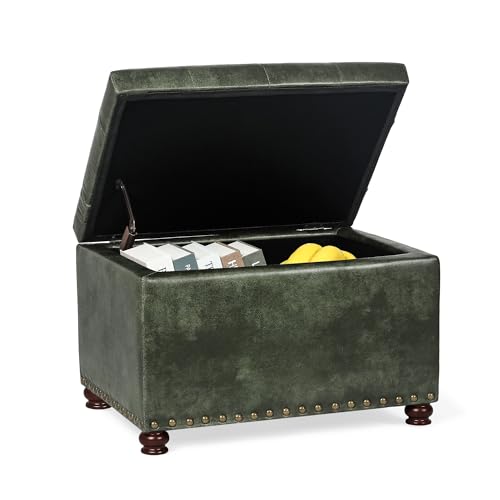 Image of Joveco Storage Ottoman Rectangular Tufted Upholstered Ottomans with Rivet, Footrest Footstool Seat with Wood Legs for Living Room Bedroom (Black Green)